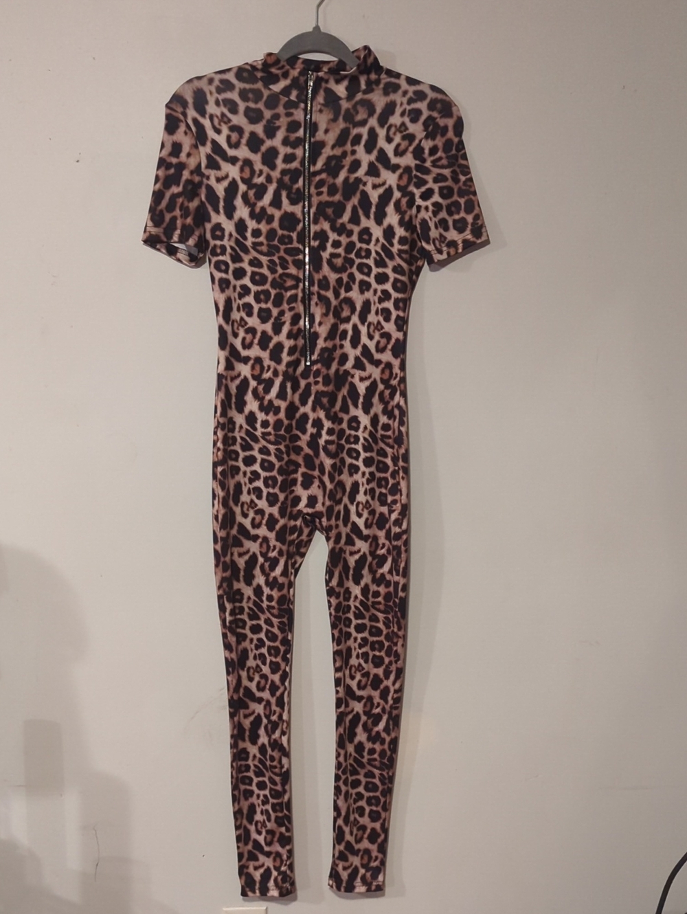 Leopard Print Short-Sleeve Zip-Front Jumpsuit - Pink/Brown